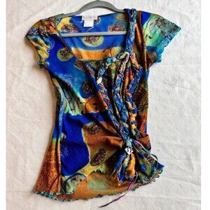 Y2K Vintage Italian Made Colourful Mesh Patterned Top - Size M